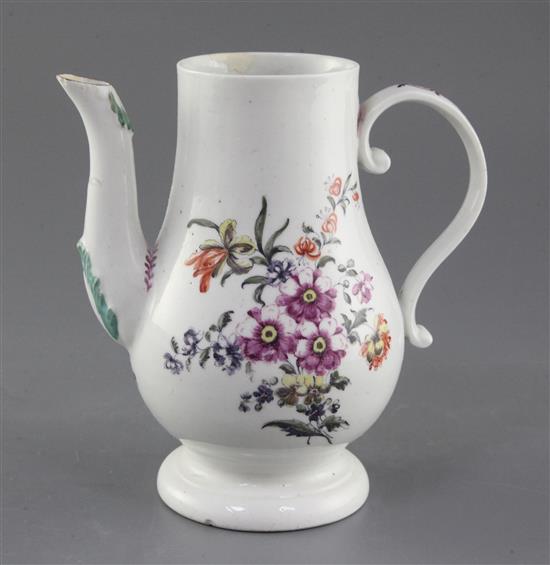 A rare Derby baluster-shaped coffee pot, c.1758, h. 16.7cm, cover lacking and some restoration.
